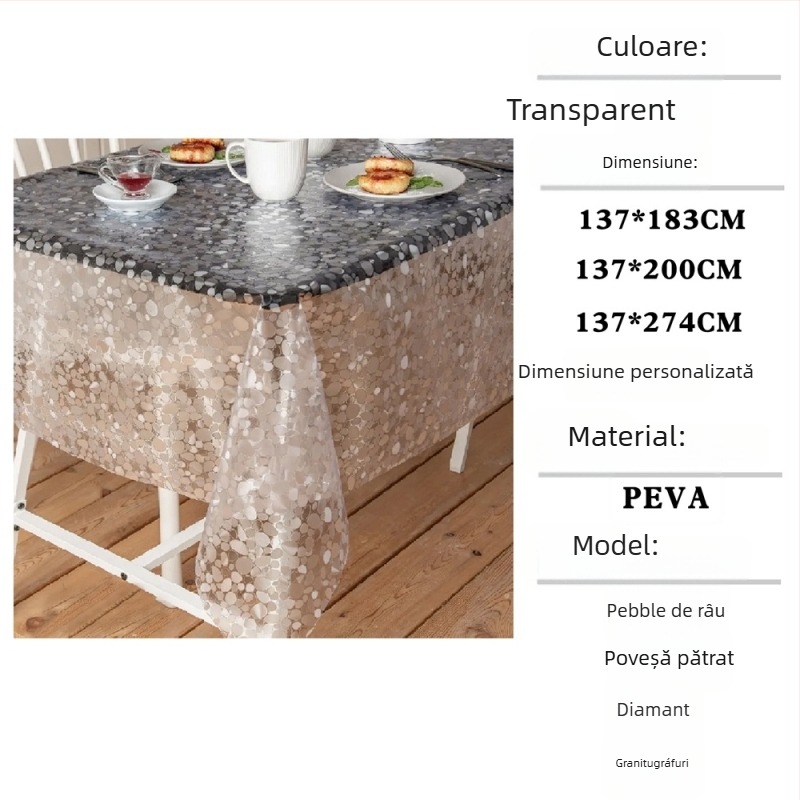 Față de masă de unică folosință, dreptunghiulară, din plastic PE, cu model pietricele, impermeabilă și rezistentă la ulei.