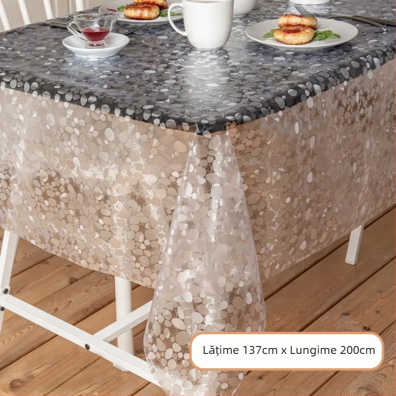 Față de masă de unică folosință, dreptunghiulară, din plastic PE, cu model pietricele, impermeabilă și rezistentă la ulei.