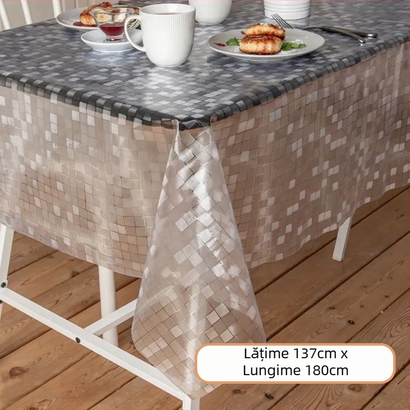 Față de masă de unică folosință, dreptunghiulară, din plastic PE, cu model pietricele, impermeabilă și rezistentă la ulei.