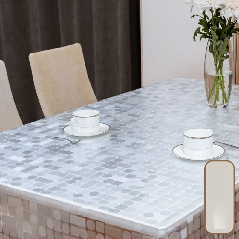 Față de masă de unică folosință, dreptunghiulară, din plastic PE, cu model pietricele, impermeabilă și rezistentă la ulei.