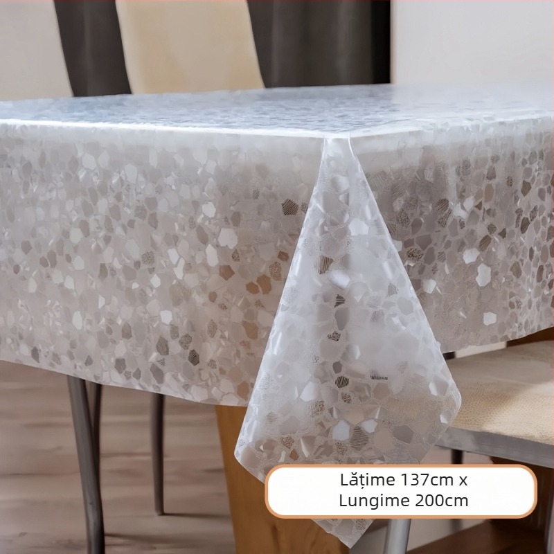 Față de masă de unică folosință, dreptunghiulară, din plastic PE, cu model pietricele, impermeabilă și rezistentă la ulei.