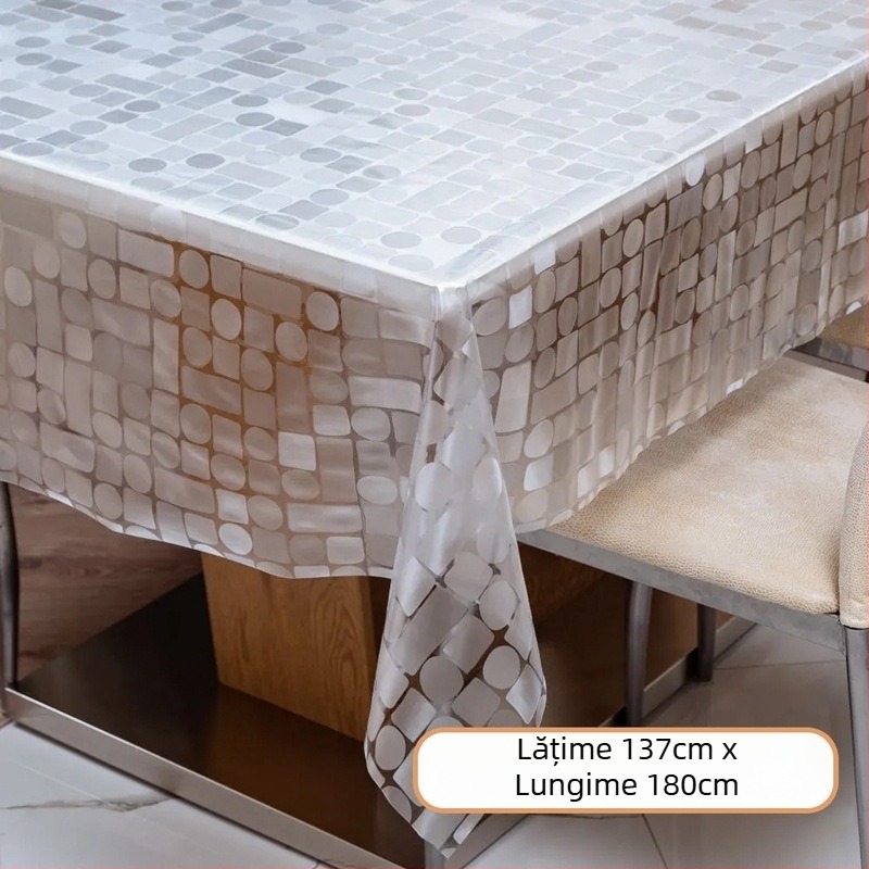 Față de masă de unică folosință, dreptunghiulară, din plastic PE, cu model pietricele, impermeabilă și rezistentă la ulei.