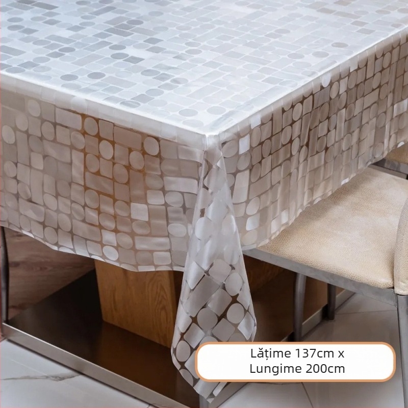 Față de masă de unică folosință, dreptunghiulară, din plastic PE, cu model pietricele, impermeabilă și rezistentă la ulei.