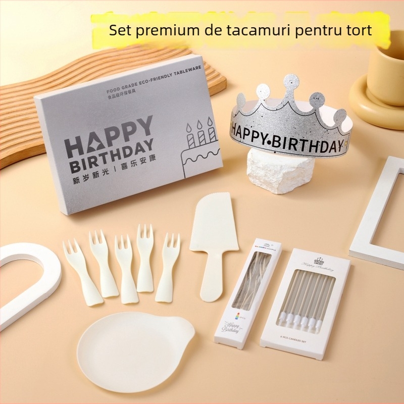 Set plastic de unică folosință pentru zi de naștere, farfurii rotunde și tacâmuri, 100 buc.