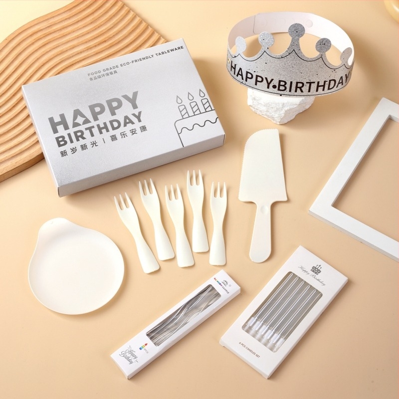 Set plastic de unică folosință pentru zi de naștere, farfurii rotunde și tacâmuri, 100 buc.