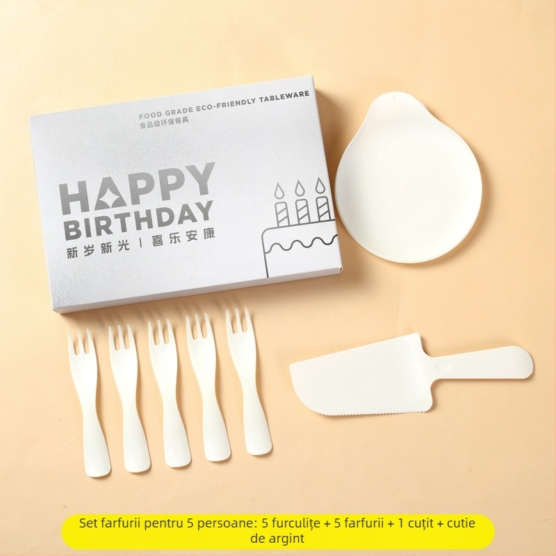 Set plastic de unică folosință pentru zi de naștere, farfurii rotunde și tacâmuri, 100 buc.