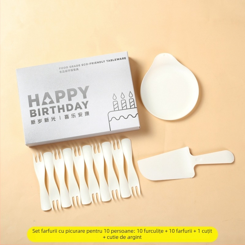 Set plastic de unică folosință pentru zi de naștere, farfurii rotunde și tacâmuri, 100 buc.