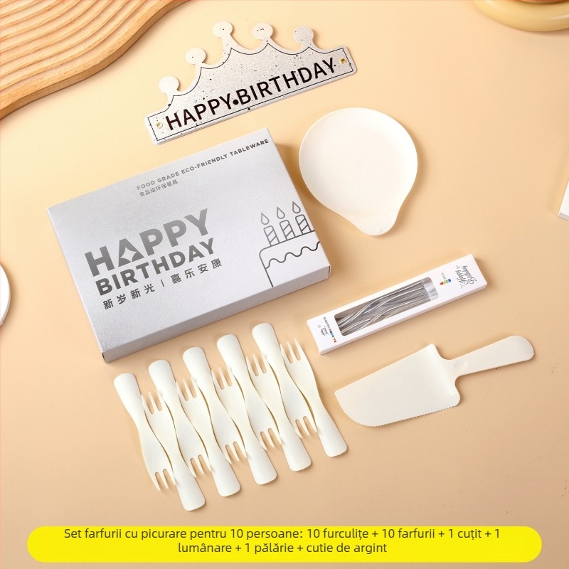 Set plastic de unică folosință pentru zi de naștere, farfurii rotunde și tacâmuri, 100 buc.