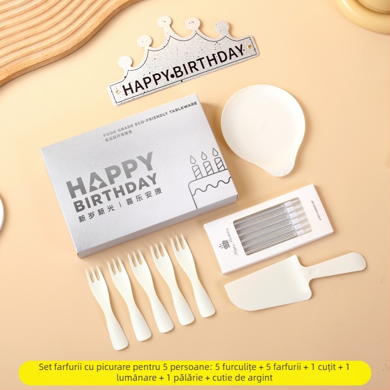 Set plastic de unică folosință pentru zi de naștere, farfurii rotunde și tacâmuri, 100 buc.