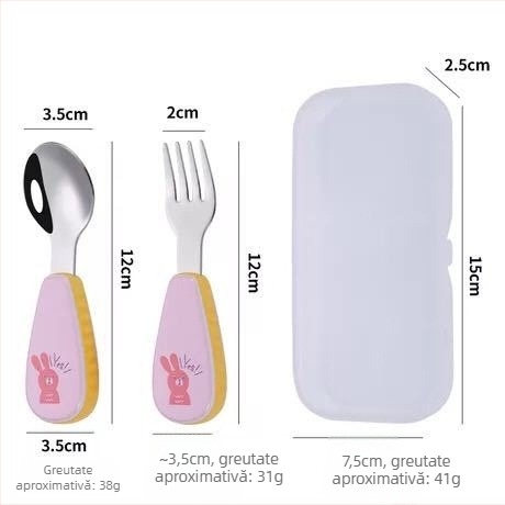 Qirun set de masă pentru copii din oțel inoxidabil 304 — lingură și furculiță cu mâner în formă de desene animate, luciu oglindă, personalizare disponibilă