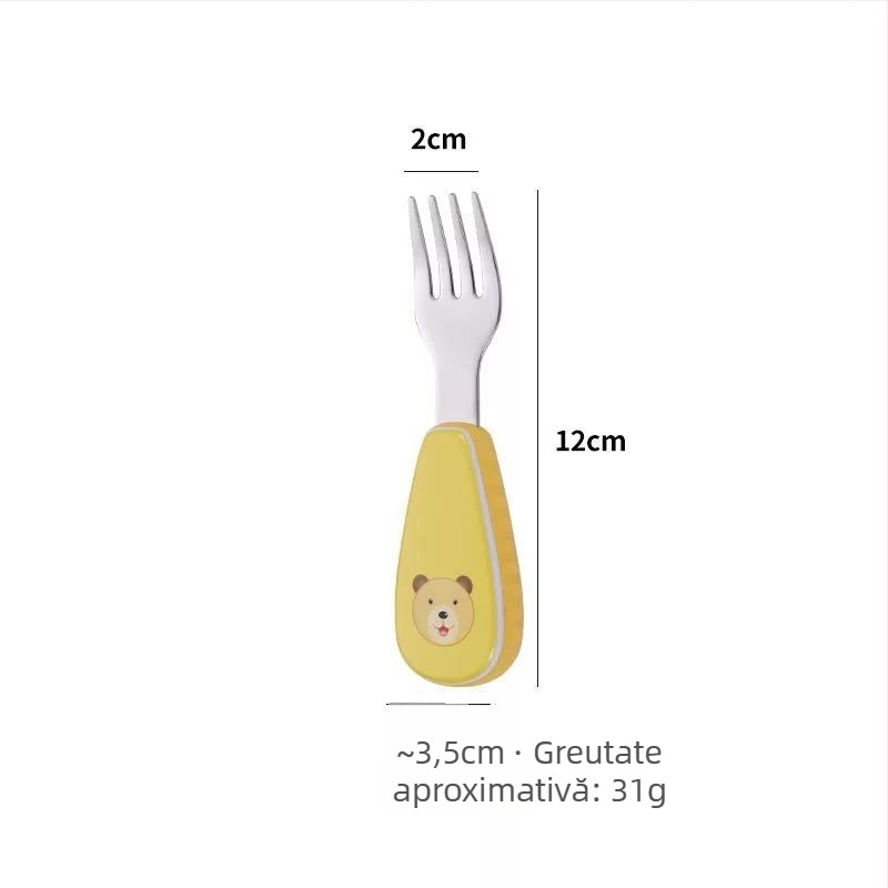 Qirun set de masă pentru copii din oțel inoxidabil 304 — lingură și furculiță cu mâner în formă de desene animate, luciu oglindă, personalizare disponibilă