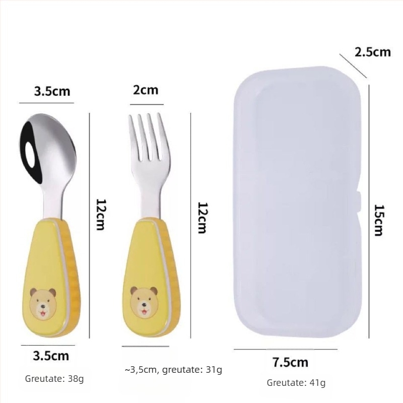 Qirun set de masă pentru copii din oțel inoxidabil 304 — lingură și furculiță cu mâner în formă de desene animate, luciu oglindă, personalizare disponibilă