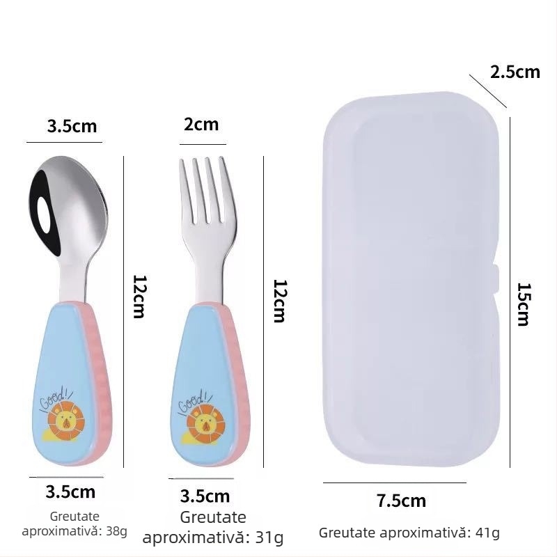 Qirun set de masă pentru copii din oțel inoxidabil 304 — lingură și furculiță cu mâner în formă de desene animate, luciu oglindă, personalizare disponibilă