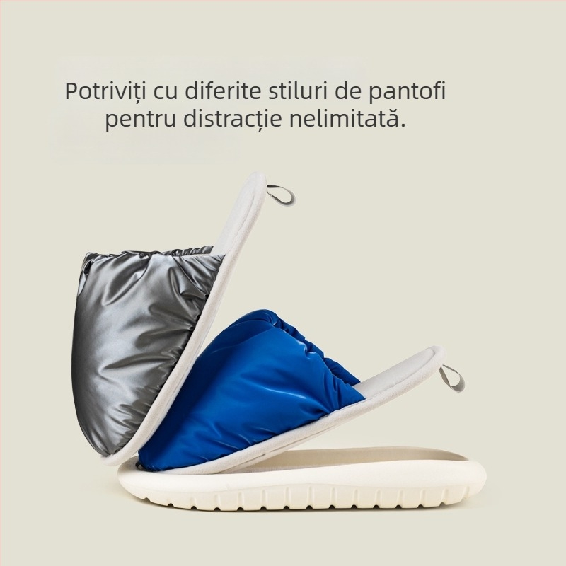 Papuci de interior unisex, stil coreean, cu partea superioară din material down, talpă EVA, căptușeală din bumbac, calzi (Upper: down cloth; Sole: EVA; Insole: cotton; Style: Korean; Warmth)