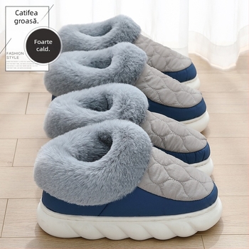 Papuci de casă din bumbac, partea superioară din velur pufos, căptușeală fleece, talpă PVC – Unisex, încălzite, anti-derapare