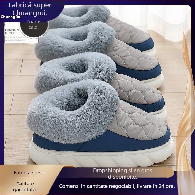 Papuci de casă din bumbac, partea superioară din velur pufos, căptușeală fleece, talpă PVC – Unisex, încălzite, anti-derapare