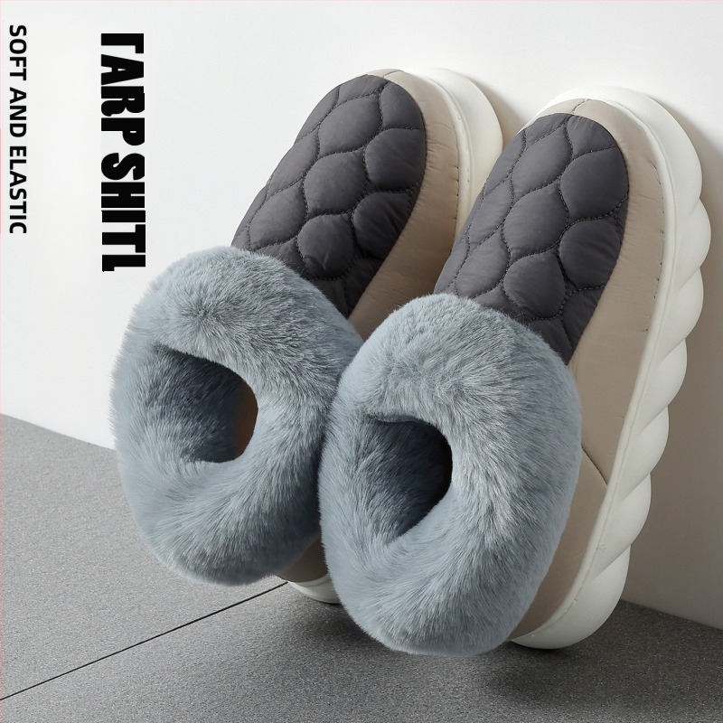 Papuci de casă din bumbac, partea superioară din velur pufos, căptușeală fleece, talpă PVC – Unisex, încălzite, anti-derapare