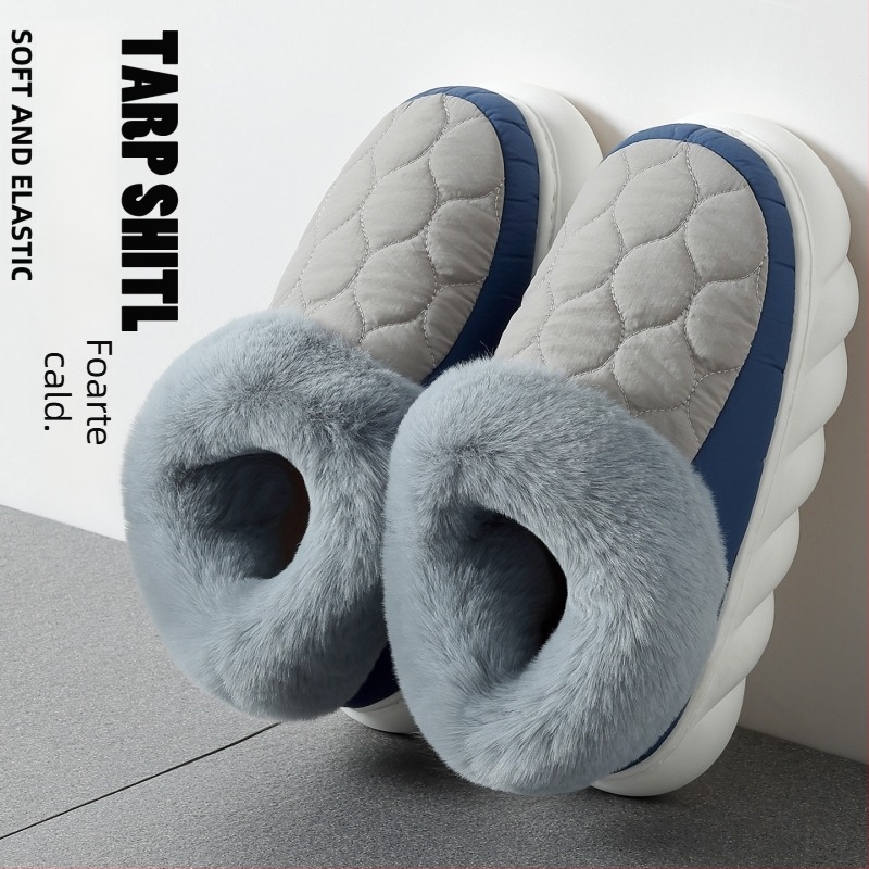 Papuci de casă din bumbac, partea superioară din velur pufos, căptușeală fleece, talpă PVC – Unisex, încălzite, anti-derapare