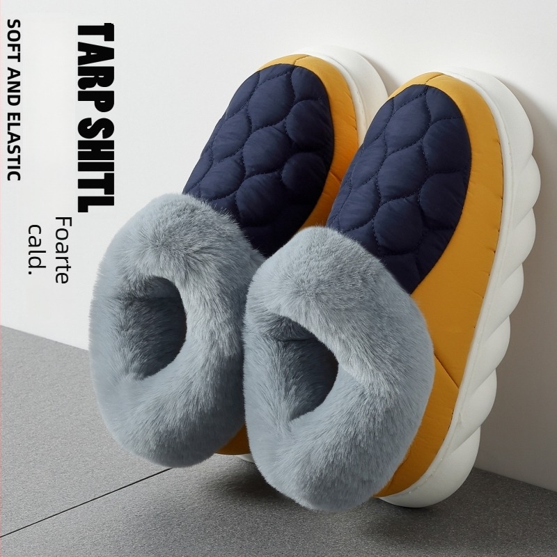 Papuci de casă din bumbac, partea superioară din velur pufos, căptușeală fleece, talpă PVC – Unisex, încălzite, anti-derapare