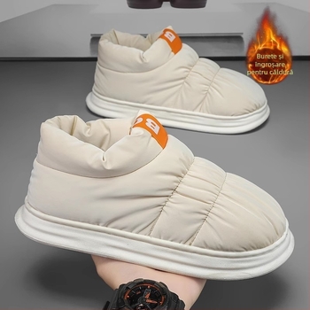 Papuci de casă din bumbac, cu căptușeală fleece, impermeabili, antiderapare, talpă EVA, partea superioară PU – unisex, iarnă