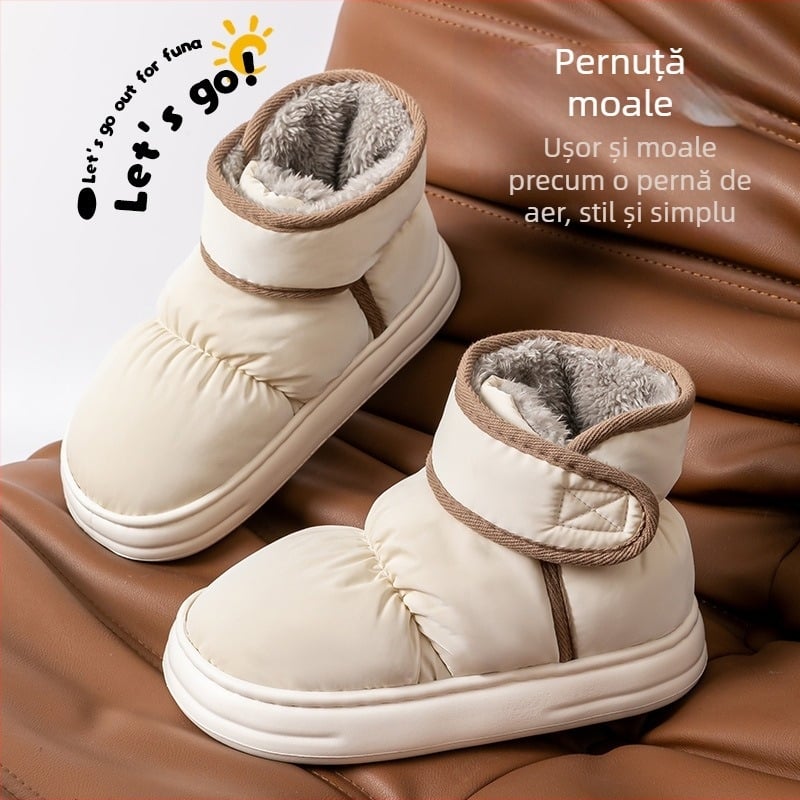 Șlapi din bumbac pentru iarnă, căptușeală fleece și talpă EVA – groși, antiderapante, culoare solidă