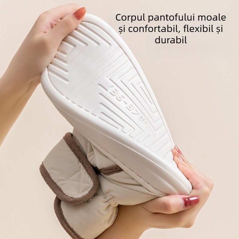 Șlapi din bumbac pentru iarnă, căptușeală fleece și talpă EVA – groși, antiderapante, culoare solidă