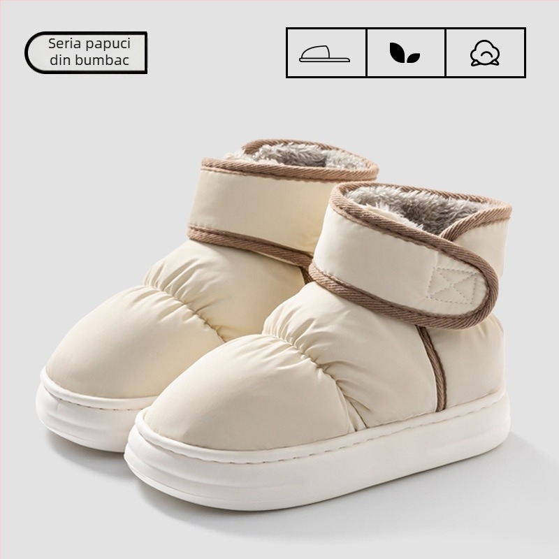 Șlapi din bumbac pentru iarnă, căptușeală fleece și talpă EVA – groși, antiderapante, culoare solidă