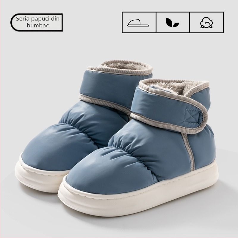 Șlapi din bumbac pentru iarnă, căptușeală fleece și talpă EVA – groși, antiderapante, culoare solidă