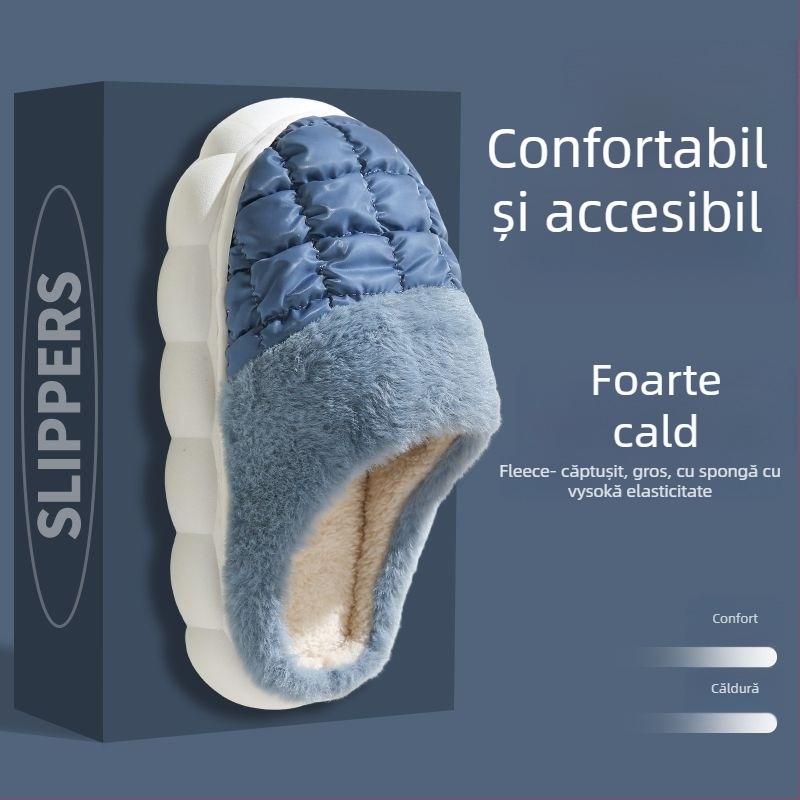 Papuci de interior din bumbac, cu partea superioară plușată, talpă groasă antiaderentă din PVC, căptuți cu blană artificială și umpluți cu puf, model în carouri, impermeabile și calde