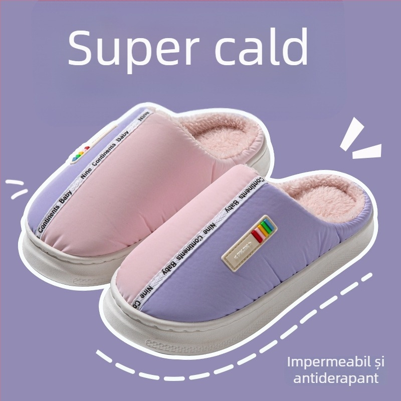 Papuci de casă din bumbac, talpă din cauciuc, partea superioară din material cu puf, anti-derapare, calde, unisex
