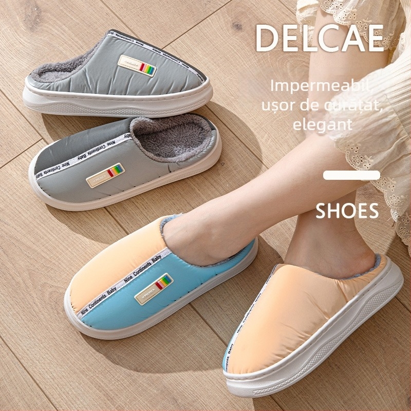 Papuci de casă din bumbac, talpă din cauciuc, partea superioară din material cu puf, anti-derapare, calde, unisex