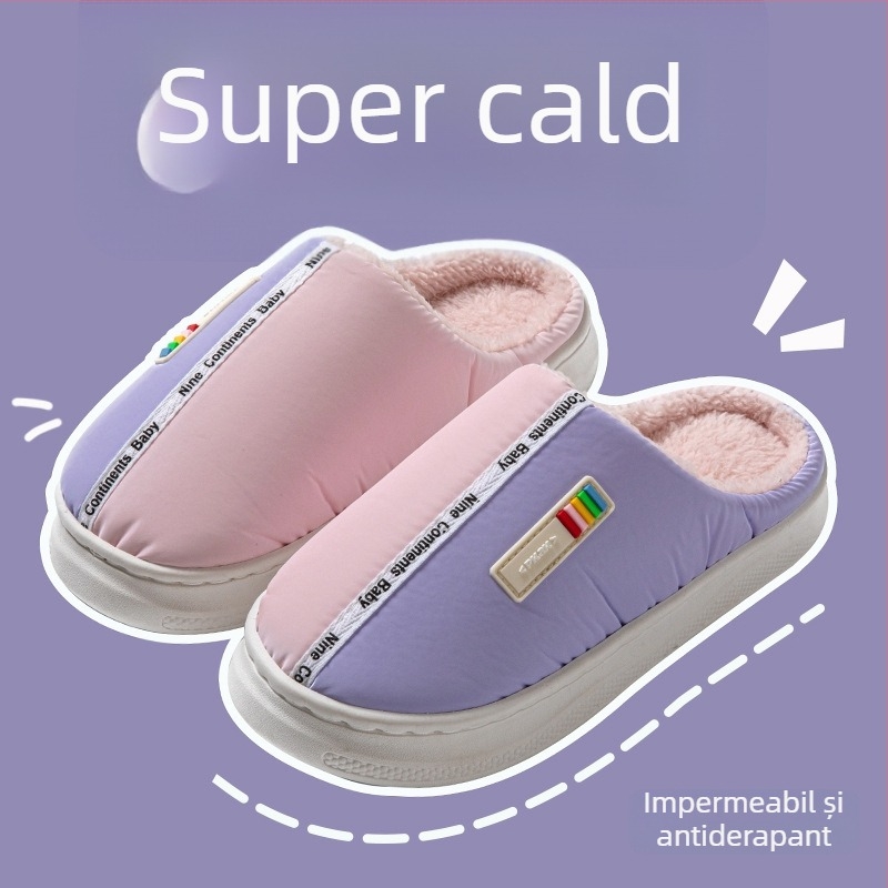 Papuci de casă din bumbac, talpă din cauciuc, partea superioară din material cu puf, anti-derapare, calde, unisex