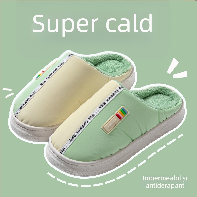 Papuci de casă din bumbac, talpă din cauciuc, partea superioară din material cu puf, anti-derapare, calde, unisex