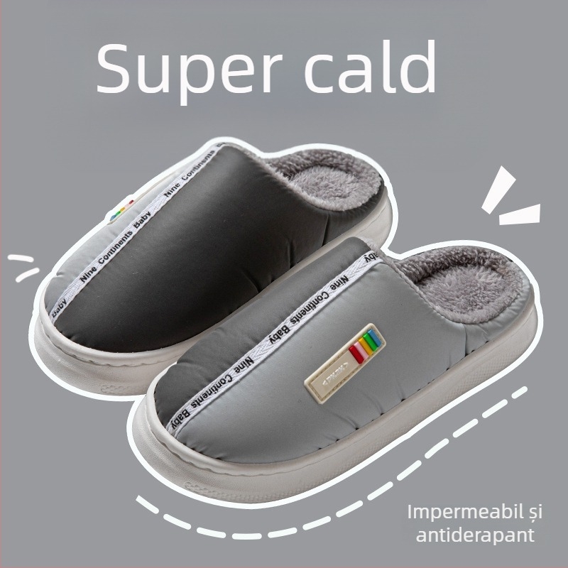 Papuci de casă din bumbac, talpă din cauciuc, partea superioară din material cu puf, anti-derapare, calde, unisex