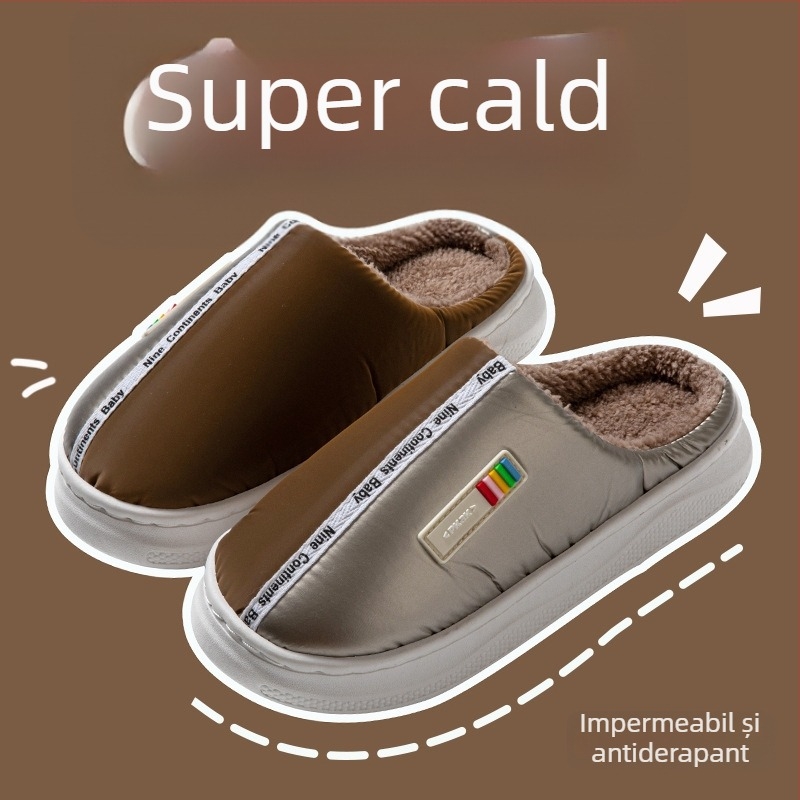 Papuci de casă din bumbac, talpă din cauciuc, partea superioară din material cu puf, anti-derapare, calde, unisex