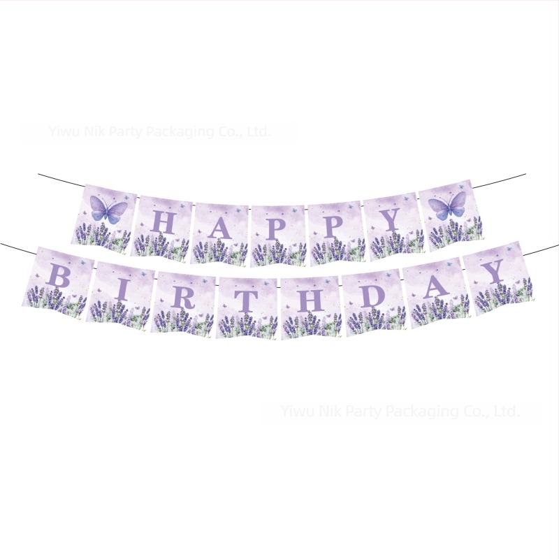 Set de veselă pentru petrecere, cu temă fluture – farfurii, pahare, șervețele, față de masă și ghirlandă; materiale: plastic și hârtie.