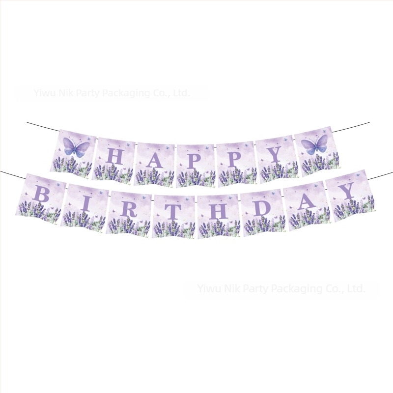 Set de veselă pentru petrecere, cu temă fluture – farfurii, pahare, șervețele, față de masă și ghirlandă; materiale: plastic și hârtie.