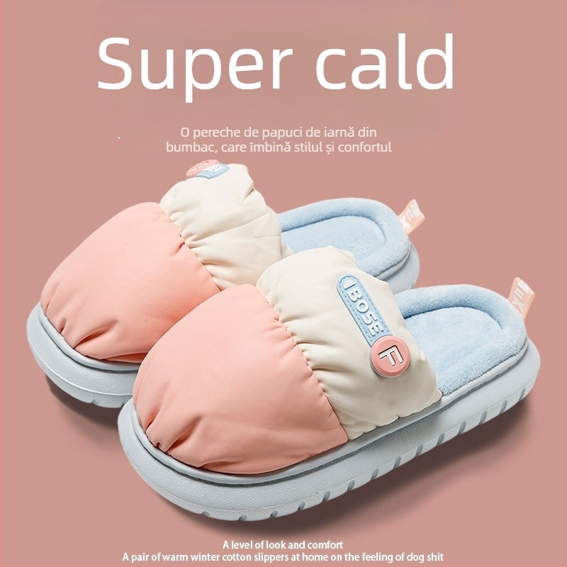 Papuci de interior din bumbac, unisex, cu talpă groasă antiderapantă și căptușeală din blană artificială