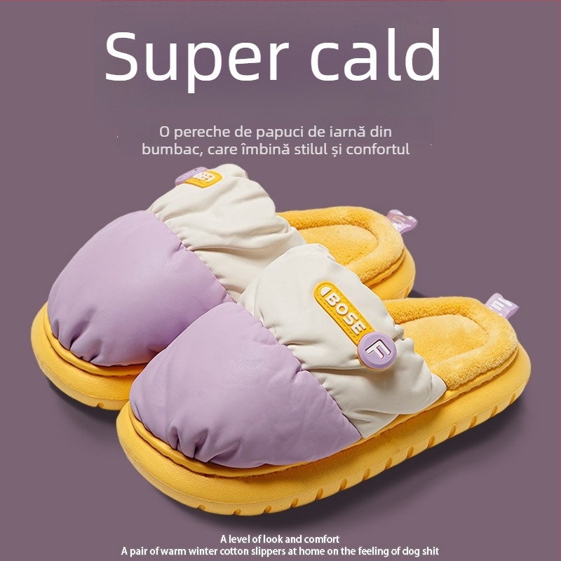 Papuci de interior din bumbac, unisex, cu talpă groasă antiderapantă și căptușeală din blană artificială