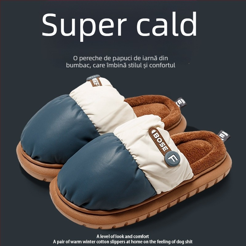 Papuci de interior din bumbac, unisex, cu talpă groasă antiderapantă și căptușeală din blană artificială