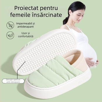 Papuci de casă de iarnă din bumbac cu talpă EVA, căptușeală Xinjiang din bumbac, vârf rotund, toc mediu 3–5 cm, antiderapante, pentru uz casnic