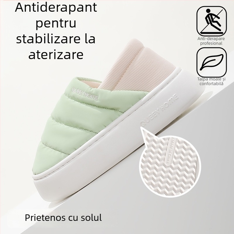 Papuci de casă de iarnă din bumbac cu talpă EVA, căptușeală Xinjiang din bumbac, vârf rotund, toc mediu 3–5 cm, antiderapante, pentru uz casnic