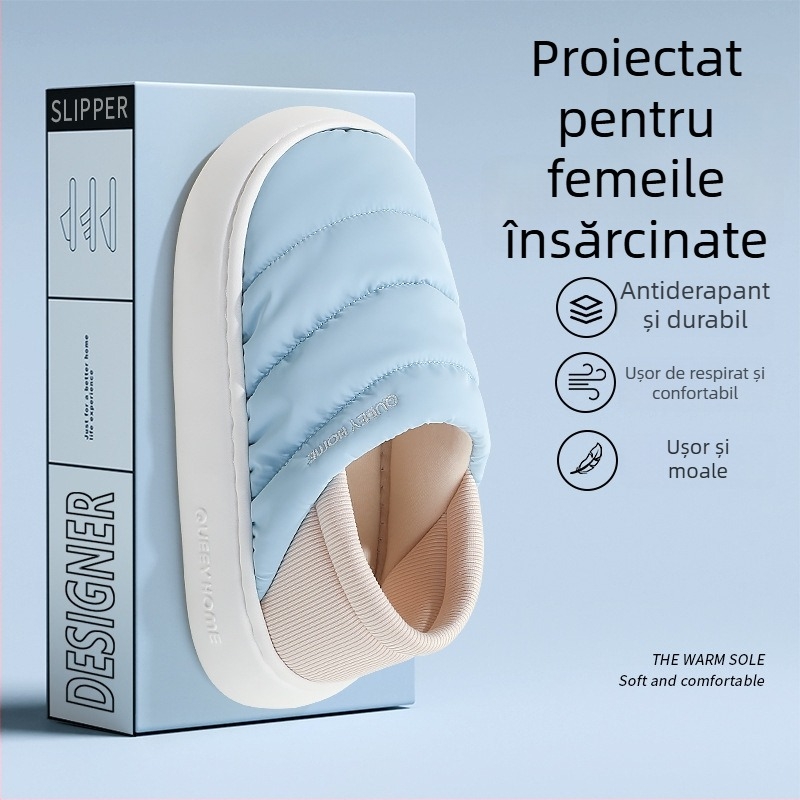 Papuci de casă de iarnă din bumbac cu talpă EVA, căptușeală Xinjiang din bumbac, vârf rotund, toc mediu 3–5 cm, antiderapante, pentru uz casnic