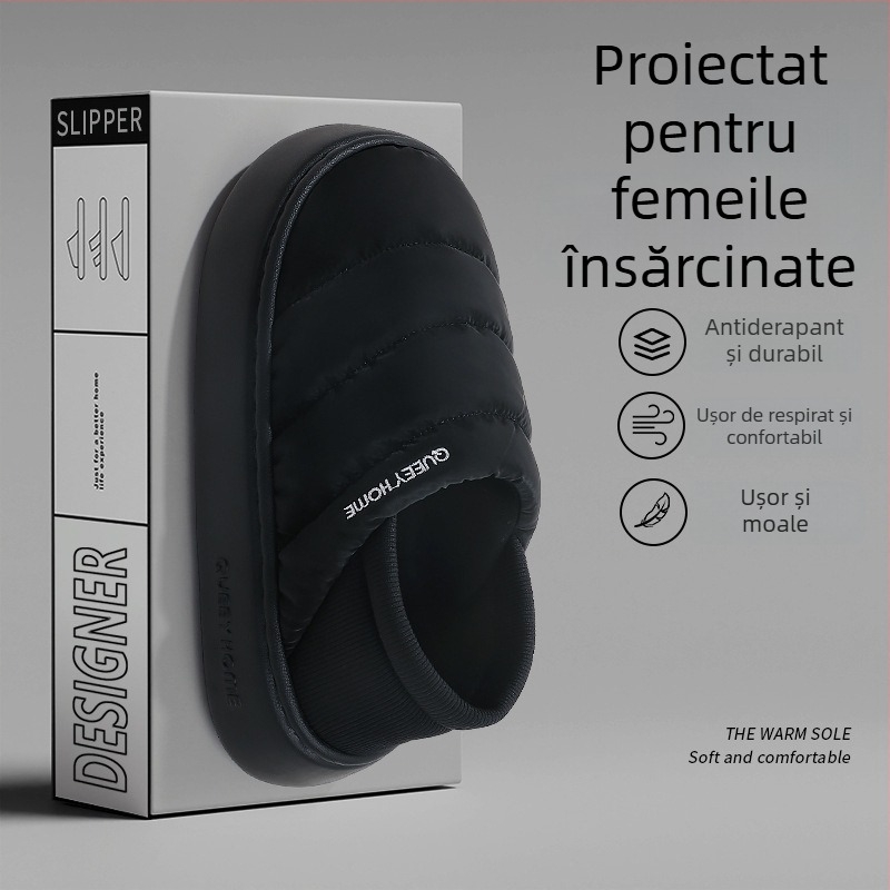 Papuci de casă de iarnă din bumbac cu talpă EVA, căptușeală Xinjiang din bumbac, vârf rotund, toc mediu 3–5 cm, antiderapante, pentru uz casnic