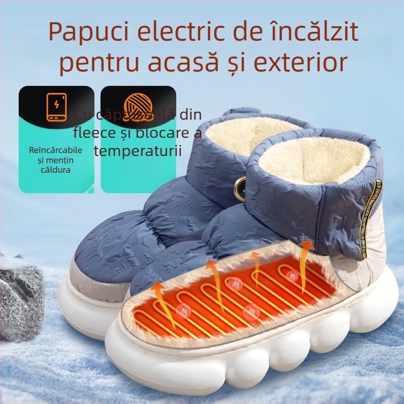 Xiangfutang Unisex încălțăminte încălzită, încărcabilă, ghete înalte, partea superioară din material cu puf, talpă EVA, alimentare USB