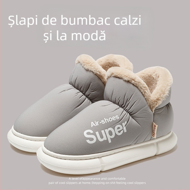 Papuci de iarnă din bumbac pentru femei și bărbați - partea superioară impermeabilă, căptușeală pufoasă, talpă PVC, toc de 3–5 cm, antiderapant, cald