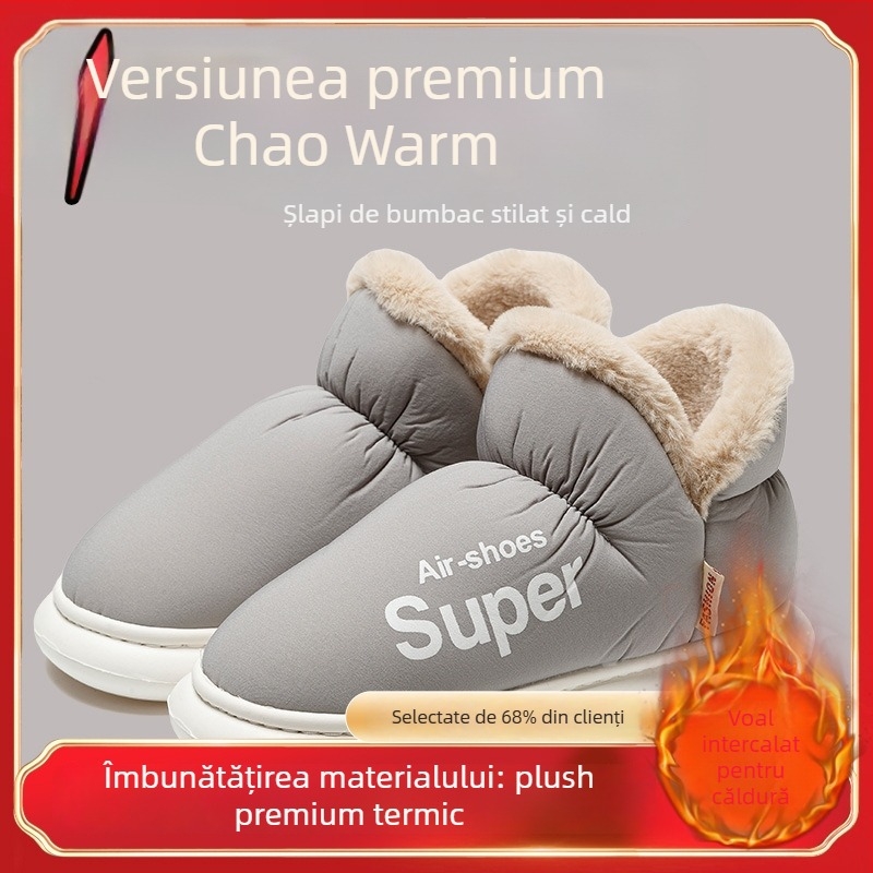 Papuci de iarnă din bumbac pentru femei și bărbați - partea superioară impermeabilă, căptușeală pufoasă, talpă PVC, toc de 3–5 cm, antiderapant, cald