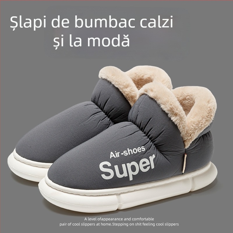 Papuci de iarnă din bumbac pentru femei și bărbați - partea superioară impermeabilă, căptușeală pufoasă, talpă PVC, toc de 3–5 cm, antiderapant, cald