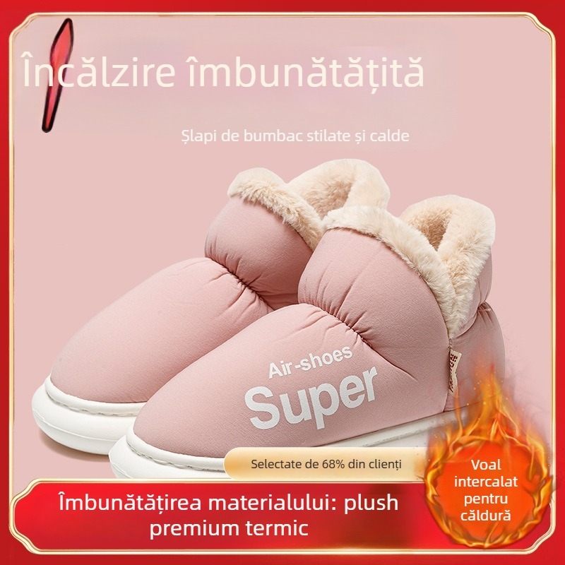 Papuci de iarnă din bumbac pentru femei și bărbați - partea superioară impermeabilă, căptușeală pufoasă, talpă PVC, toc de 3–5 cm, antiderapant, cald