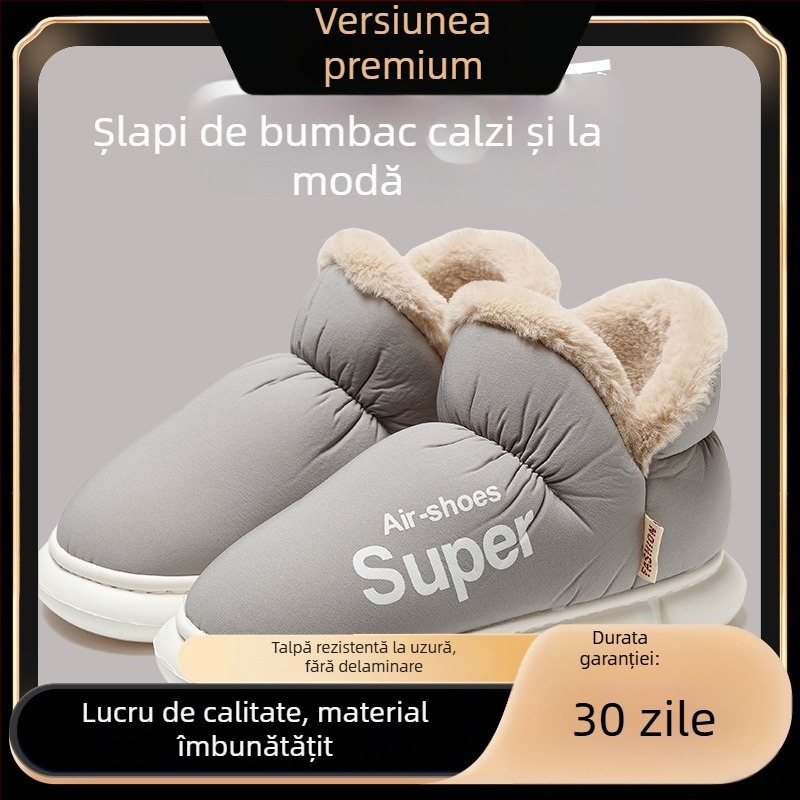 Papuci de iarnă din bumbac pentru femei și bărbați - partea superioară impermeabilă, căptușeală pufoasă, talpă PVC, toc de 3–5 cm, antiderapant, cald